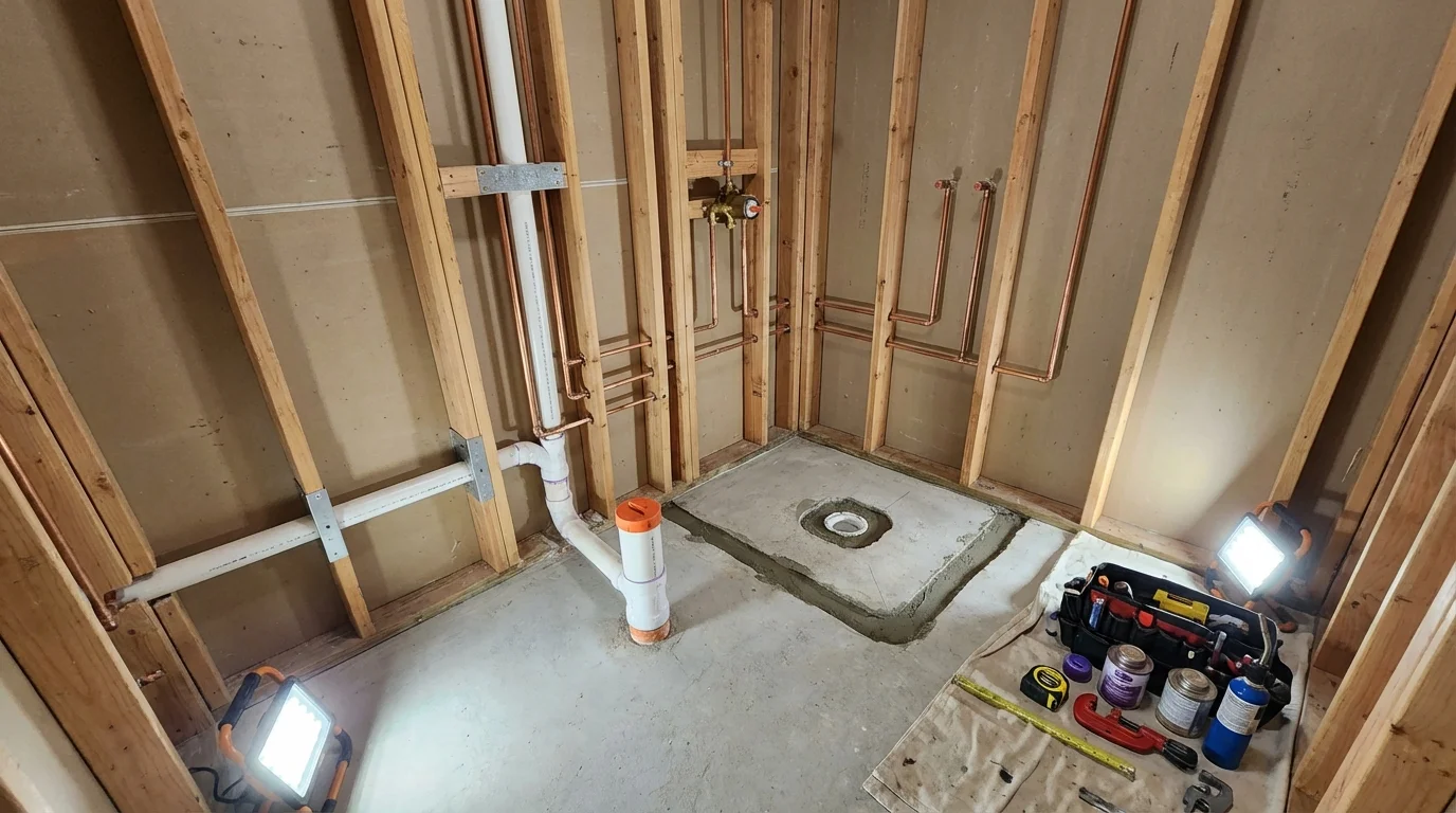 Bathroom rough-in plumbing during remodel by Johns Plumbing LLC in Newellton