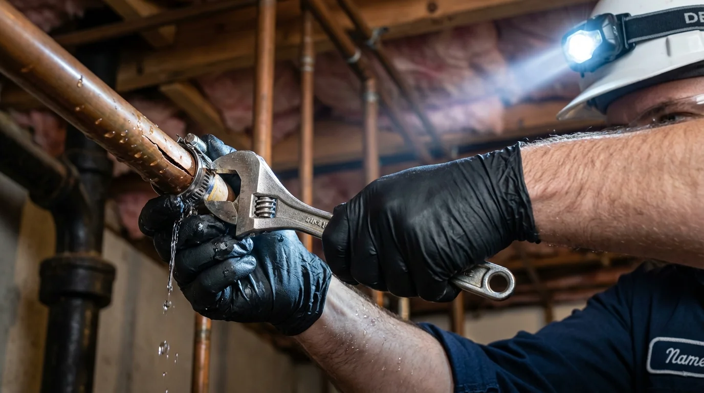 Emergency pipe clamp repair being performed by a Johns Plumbing LLC plumber in Newellton