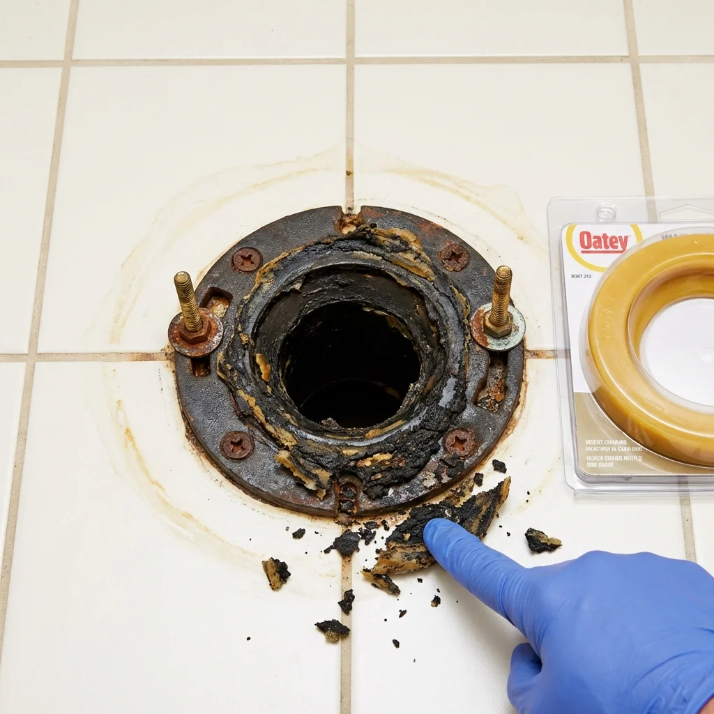 Failed wax ring showing water seepage at the base of a toilet in a Newellton, LA home