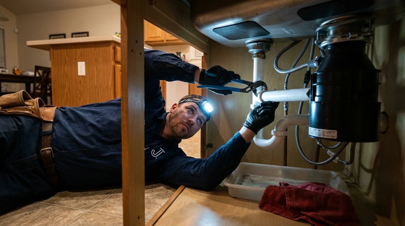P-trap and supply line connections under a kitchen sink showing a common leak point in Newellton, LA